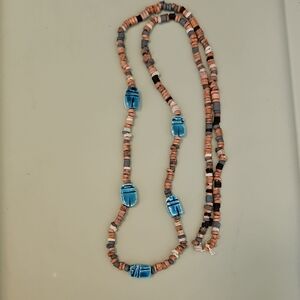 Clay Beaded Necklace with Blue Scarab Beetle Accents